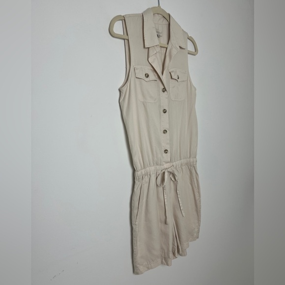 LOFT Beige Safari Button Front Sleeveless Elastic Waist Pockets Jumper Romper XS - Picture 3 of 11
